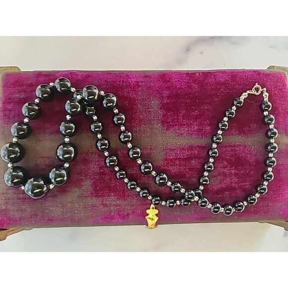 Black Plastic And Silver Tone Metal Beaded Necklace Vintage - Picture 6 of 10